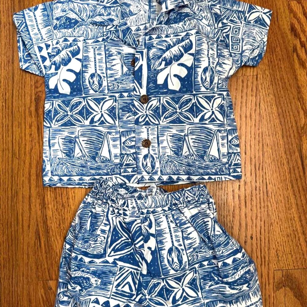 Hawaiian Aloha Shirt w/ Coconut Buttons Blue & White Sz 12 mo. Handmade